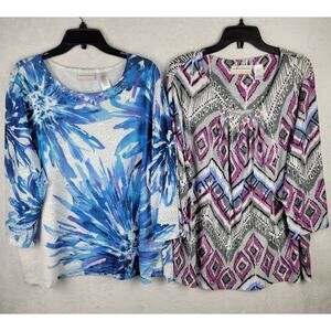 Bohemian 2X Knit Tunics Pullover Purple Blue Jeweled Printed Tops Casual 2 Lot